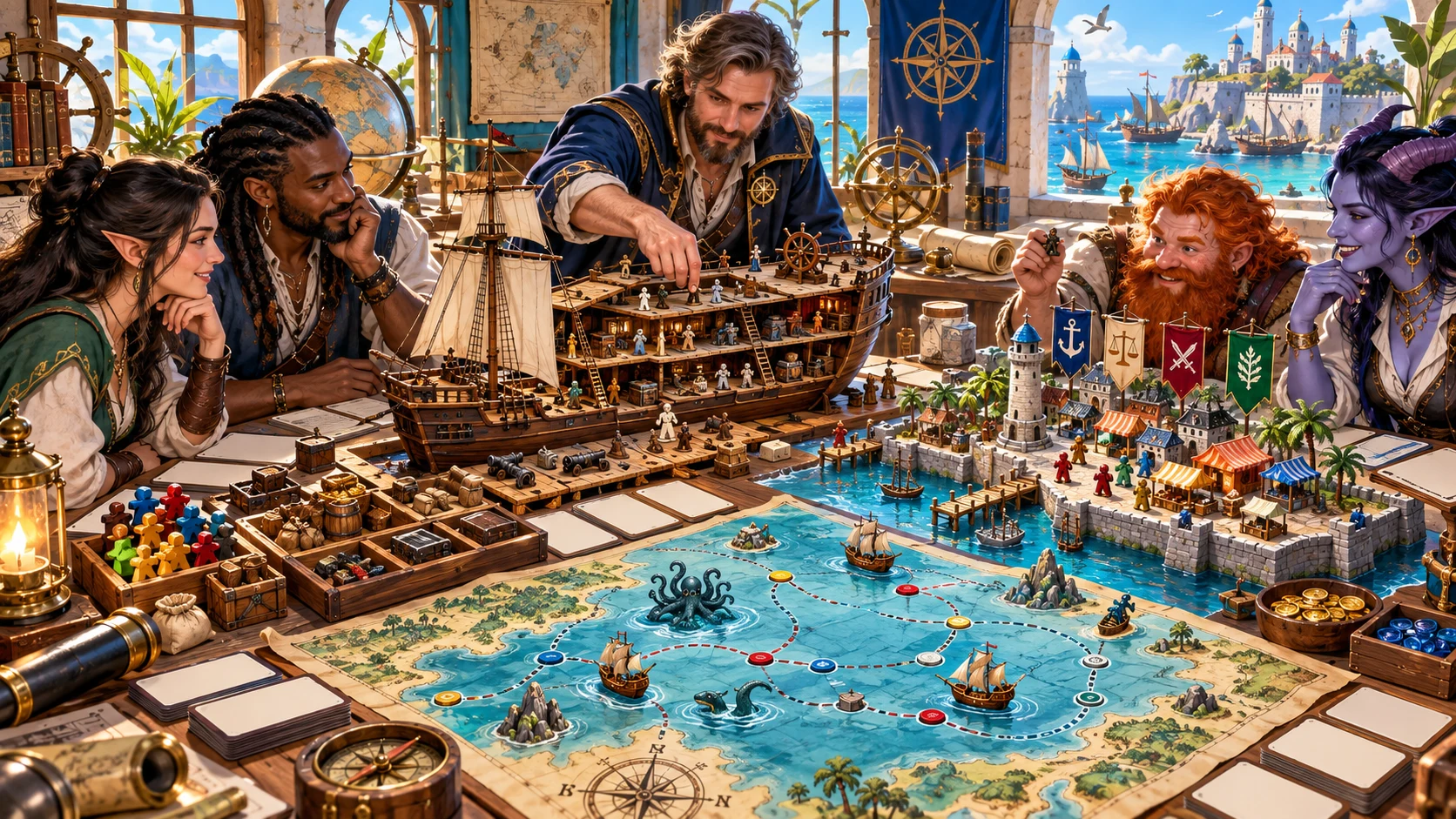 Fantasy illustration of a group preparing a tabletop ship, harbour and island route