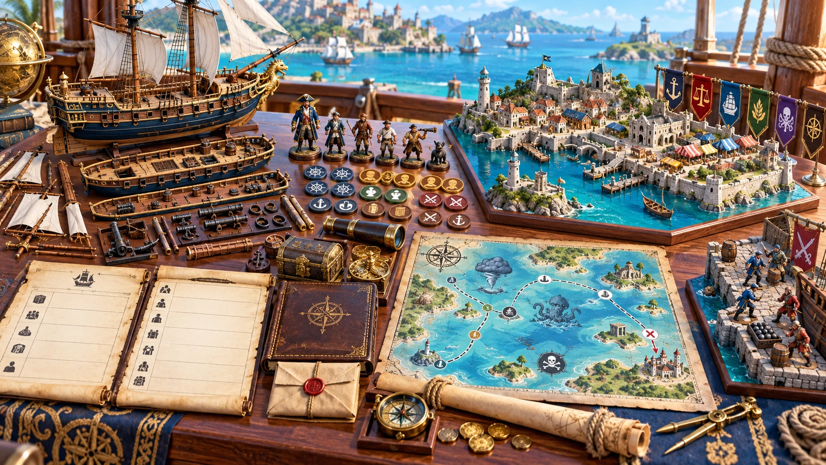 Fantasy illustration of ship sections, crew figures, manifests, a harbour model and a voyage map