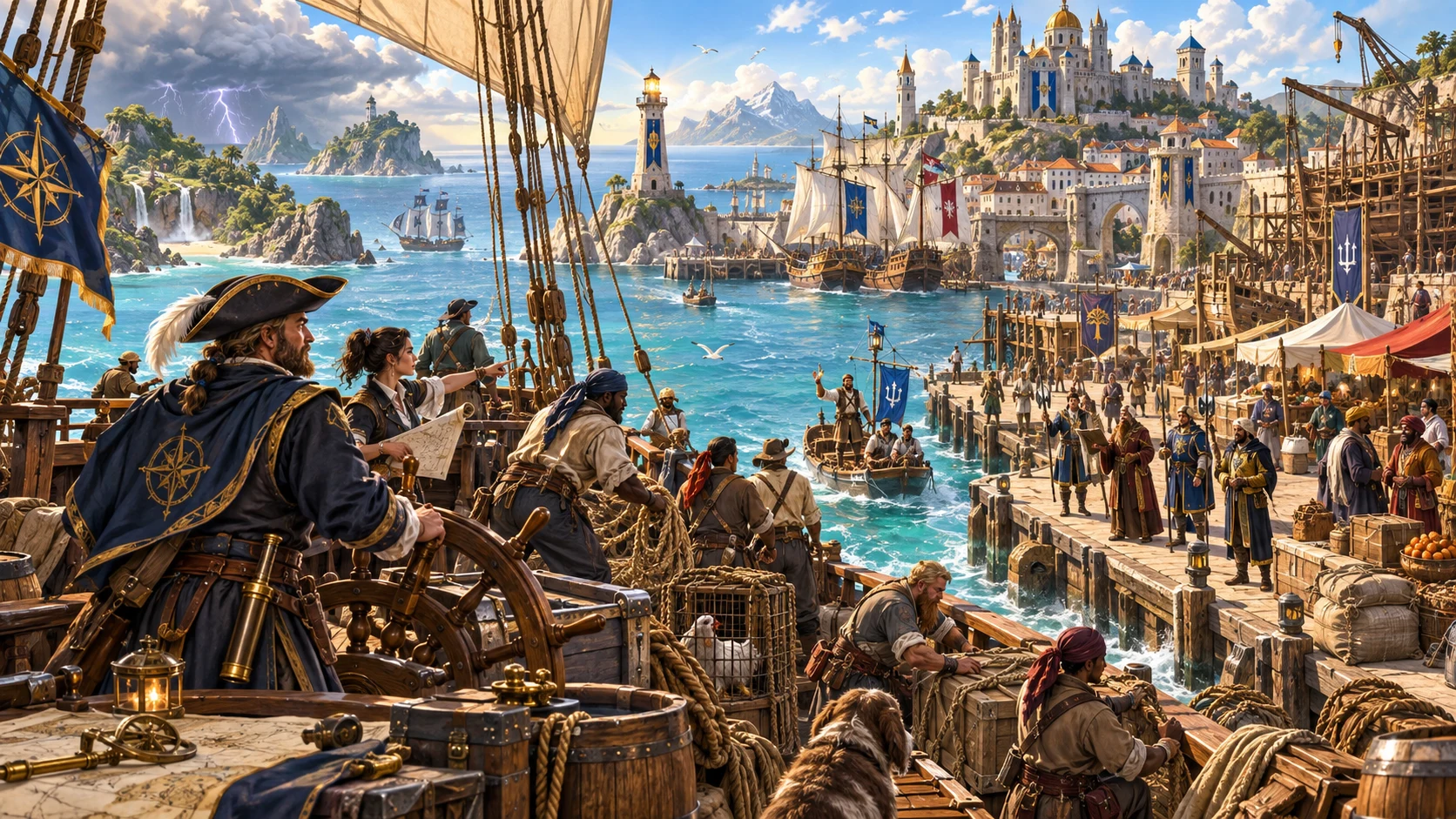 Fantasy illustration of a vessel crew entering a working harbour with docks, shipyards and markets